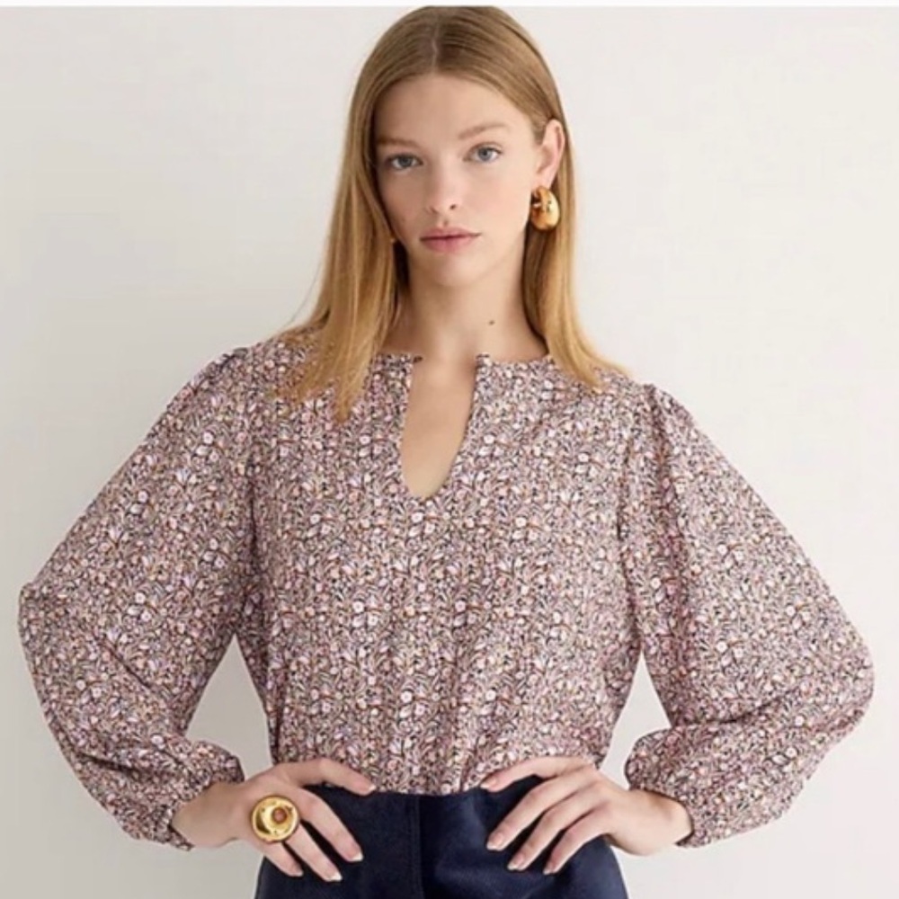 •J.CREW• Puff-Sleeve Satin-Back Crepe Top in‎ Floral Flourish Print Size S BL008